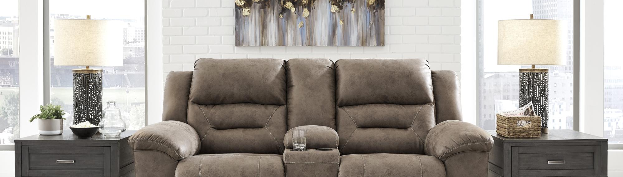 Image of a living room with an affordable brown couch